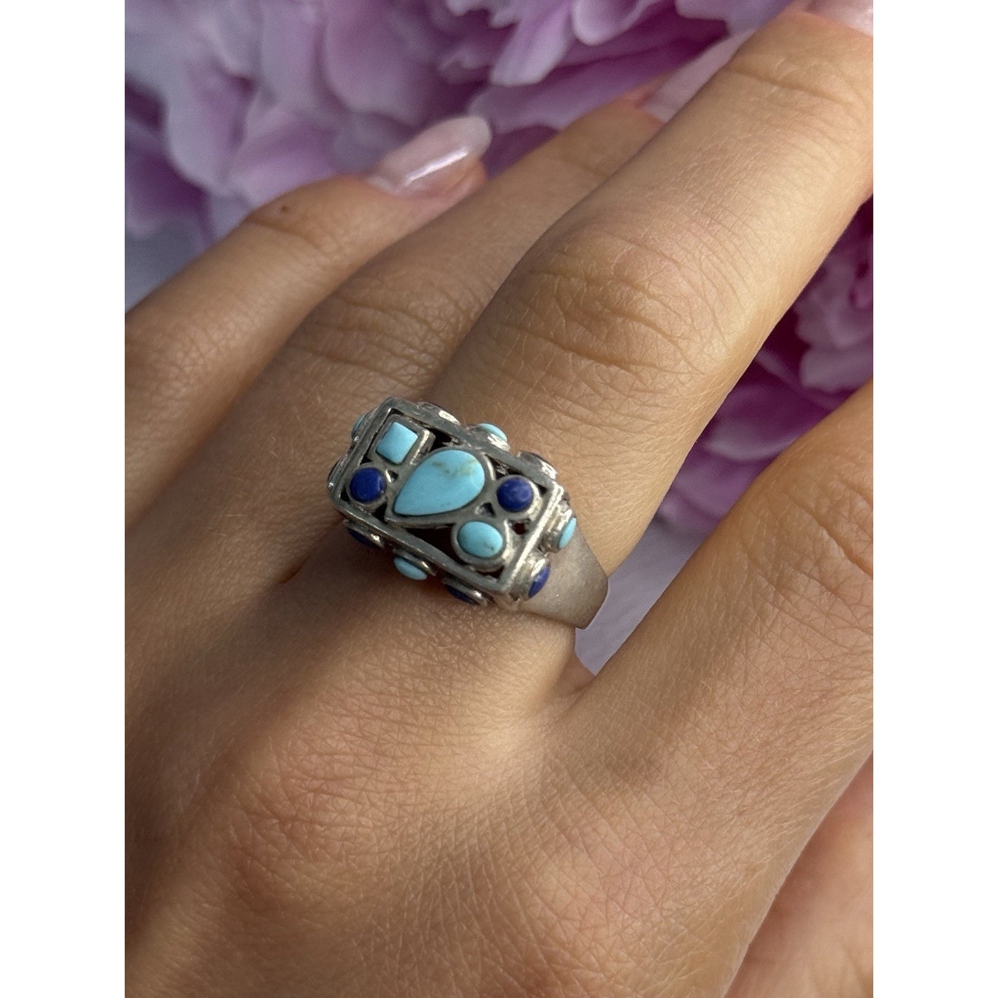 925 STERLING SILVER TURQUOISE & SODALITE RING SIZE 7.5