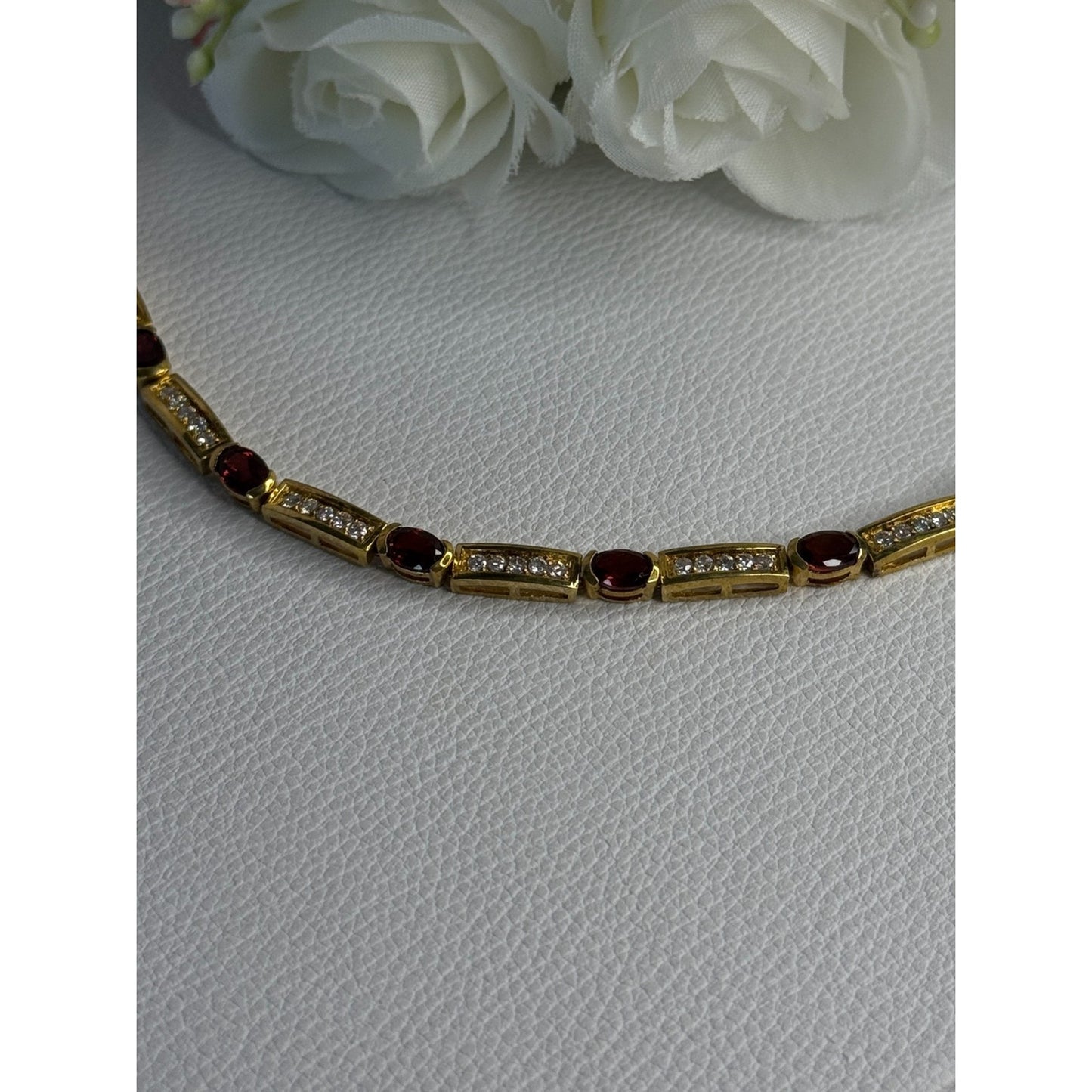 925 STERLING SILVER GOLD PLATED JJT GARNET & CZ BRACELET LENGTH 7.5