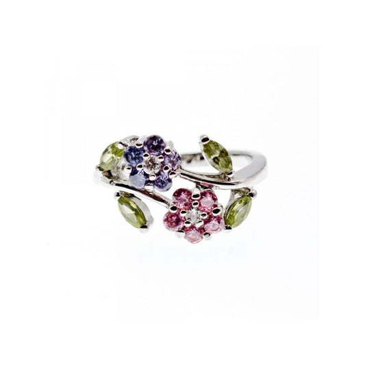 925 STERLING SILVER AMETHYST, MORGANITE, PERIDOT & CZ "FLOWERS" RING SIZE 8