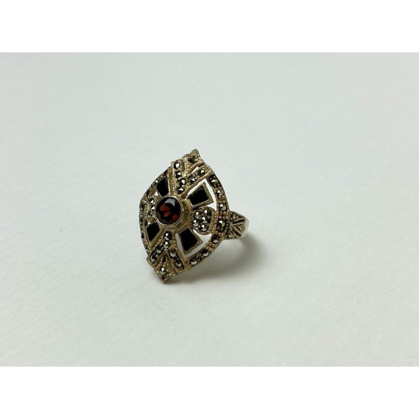 925 STERLING SILVER SPESSARTINE, BLACK NEPHRITE & MARCASITES RING SIZE 6.5