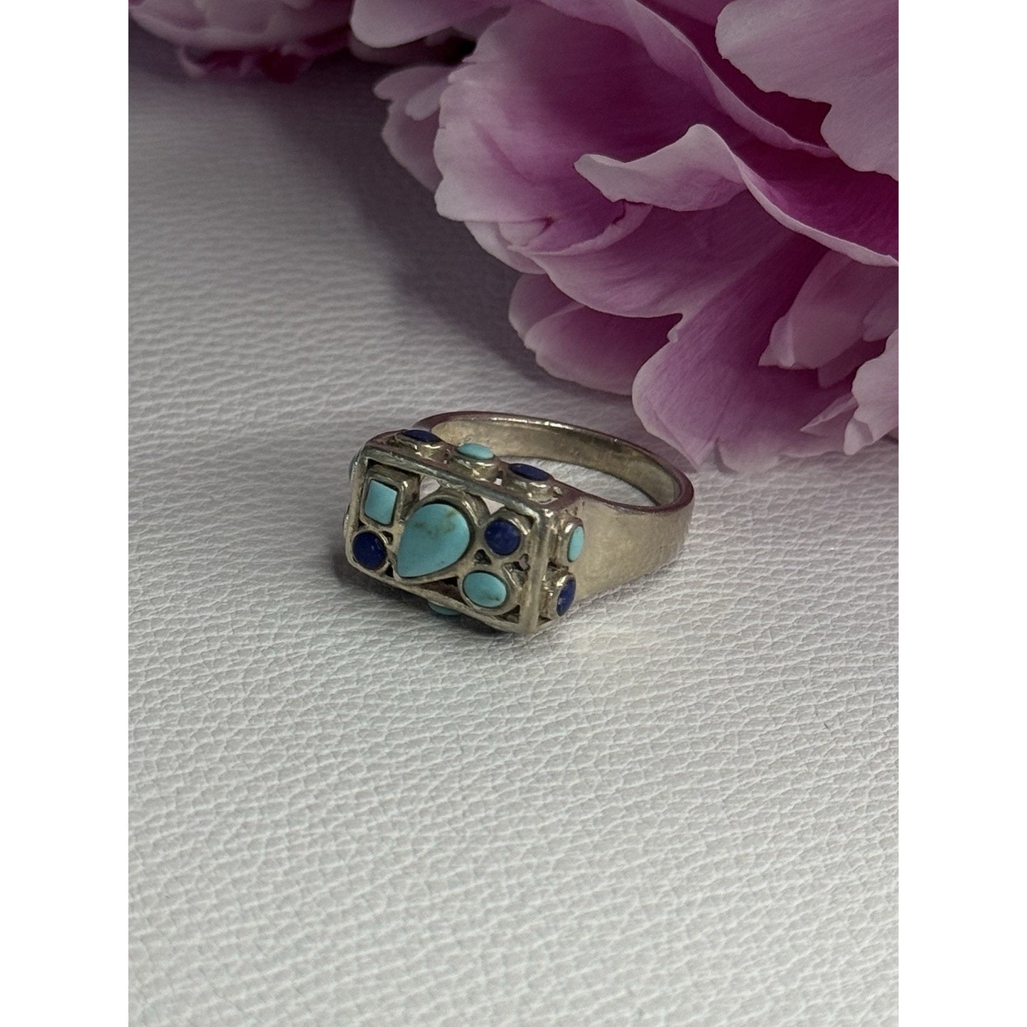 925 STERLING SILVER TURQUOISE & SODALITE RING SIZE 7.5