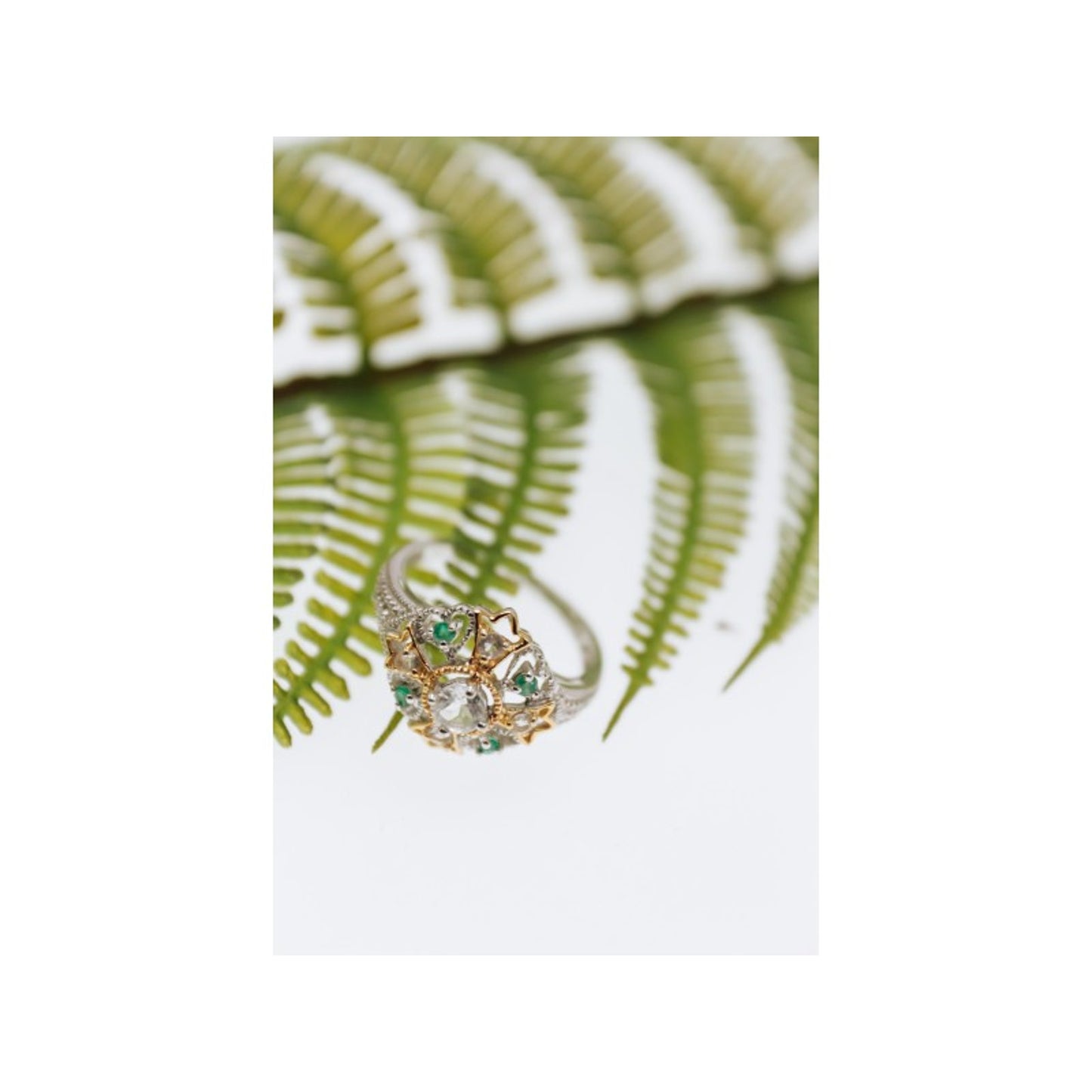 925 STERLING SILVER GOLD PLATED EMERALD & GOSHENITE RING SIZE 6.5