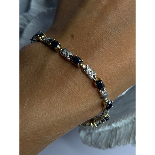 925 STERLING SILVER GOLD PLATED SAPPHIRE & DIAMOND BRACELET LENGTH 7.5