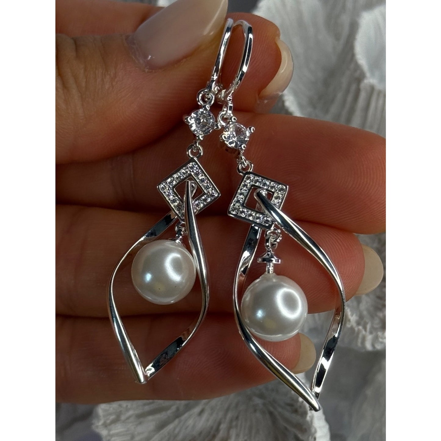 Beautiful Design 925 Sterling Silver Pearl & CZ Earrings Length 2.30 inch