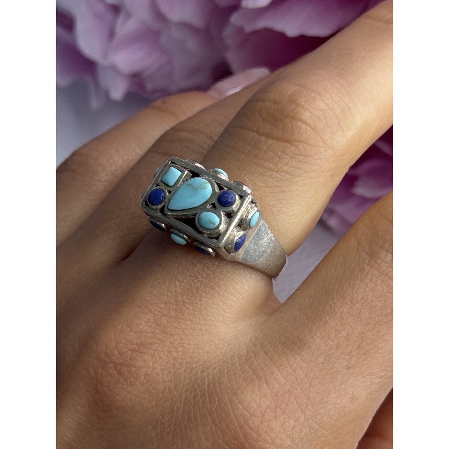 925 STERLING SILVER TURQUOISE & SODALITE RING SIZE 7.5