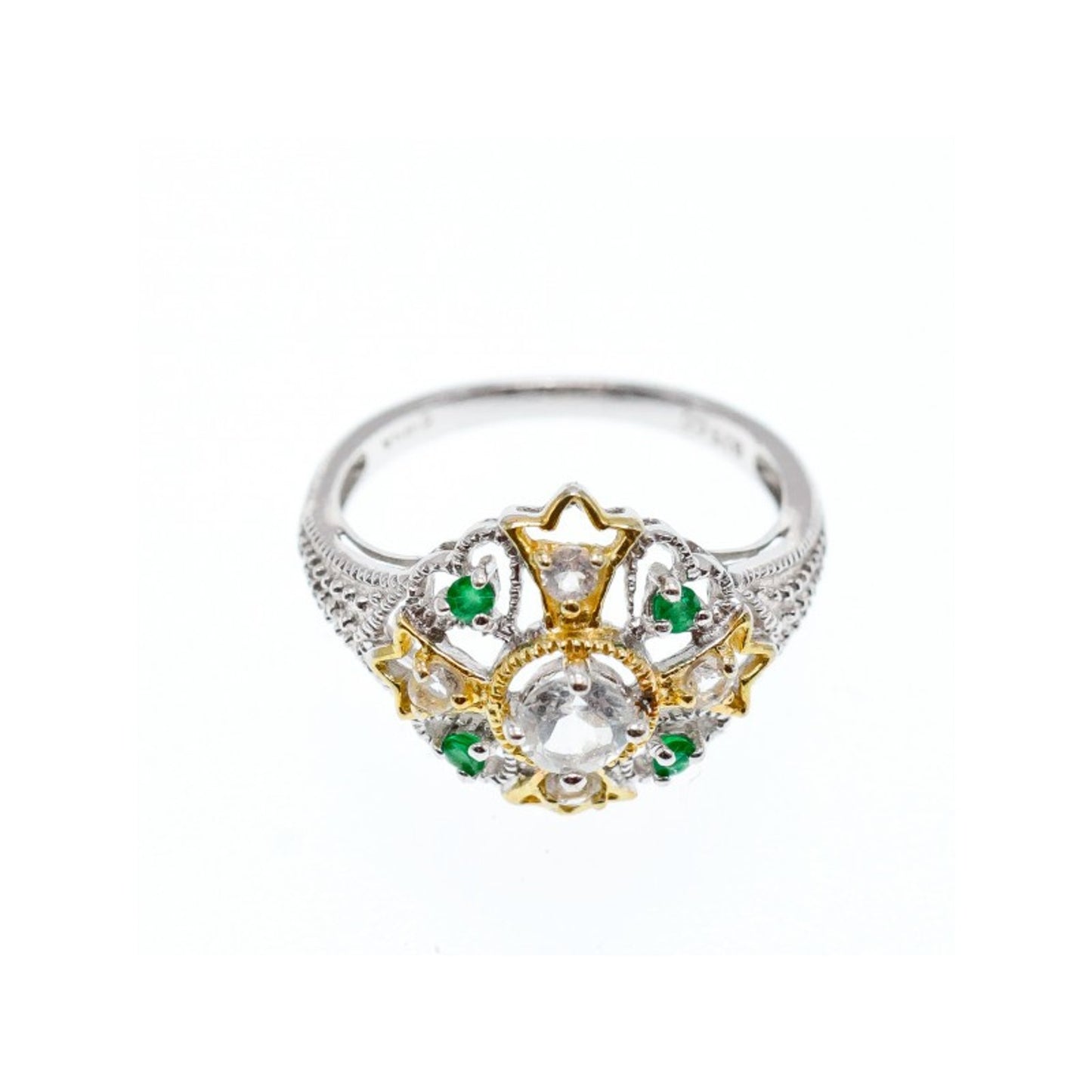 925 STERLING SILVER GOLD PLATED EMERALD & GOSHENITE RING SIZE 6.5