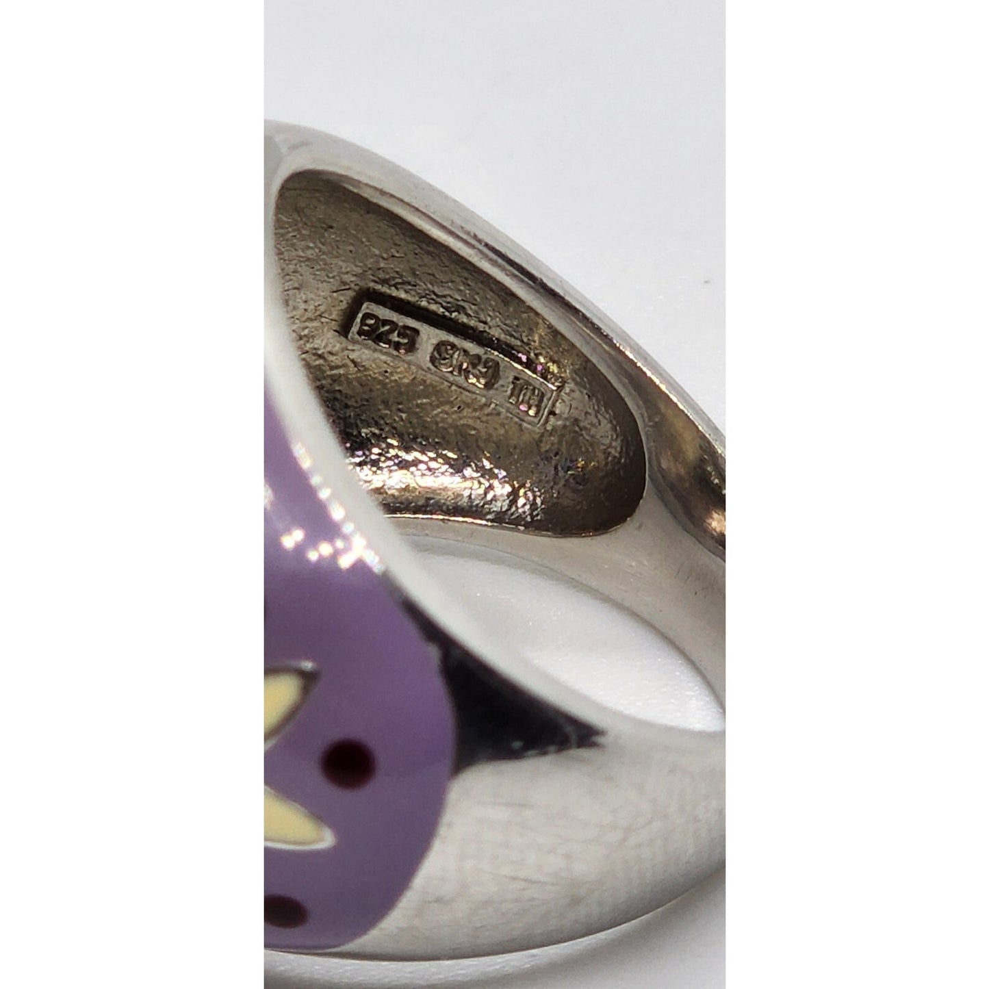 925 STERLING SILVER WITH AMETHYST & QUARTZ ON ENAMEL RING SIZE 7.5