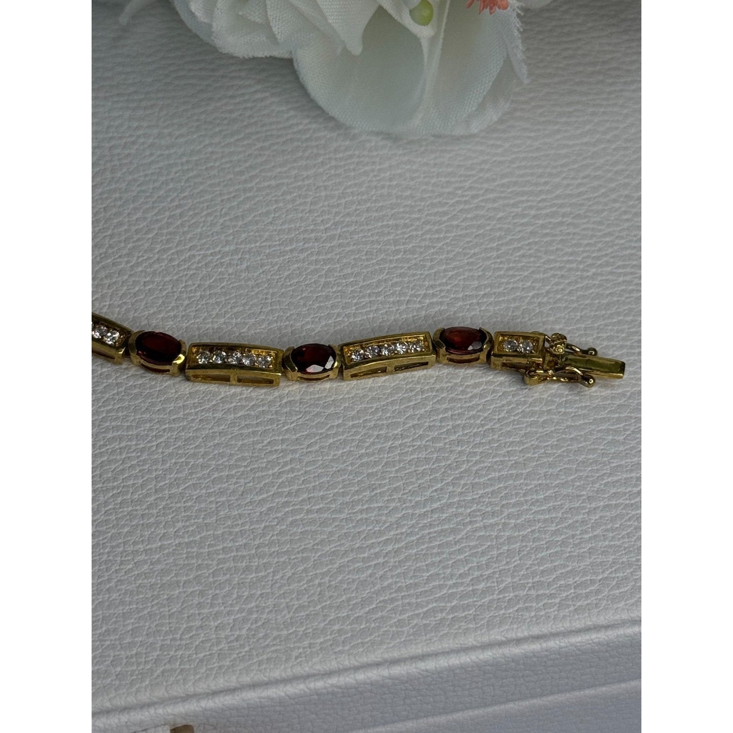 925 STERLING SILVER GOLD PLATED JJT GARNET & CZ BRACELET LENGTH 7.5