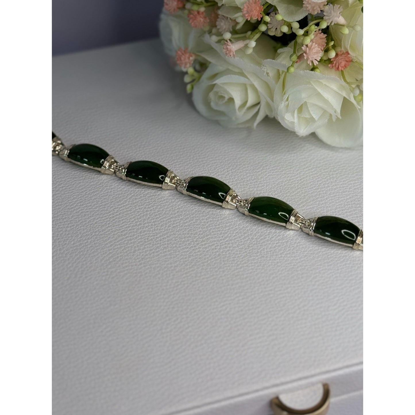 925 STERLING SILVER GREEN NEPHRITE BRACELET LENGTH 7.5
