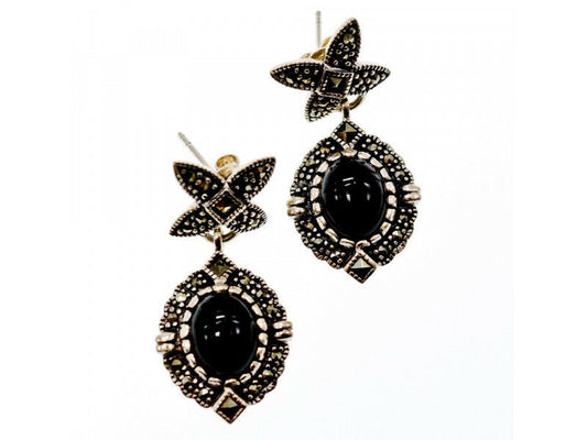 VINTAGE 925 STERLING SILVER ONYX & MARCASITES EARRINGS