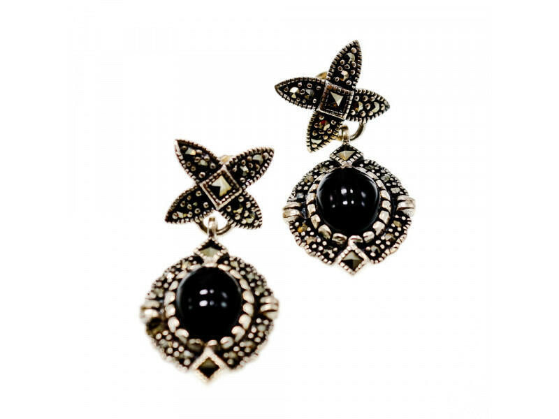 VINTAGE 925 STERLING SILVER ONYX & MARCASITES EARRINGS