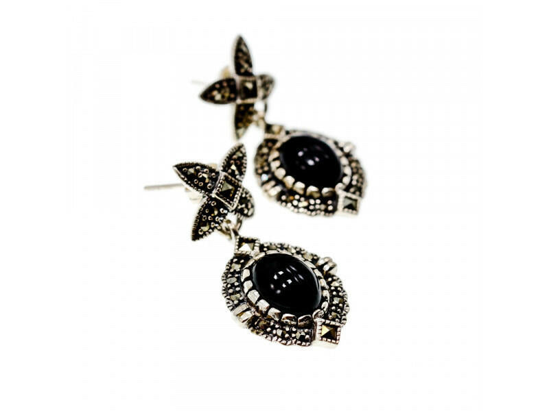 VINTAGE 925 STERLING SILVER ONYX & MARCASITES EARRINGS
