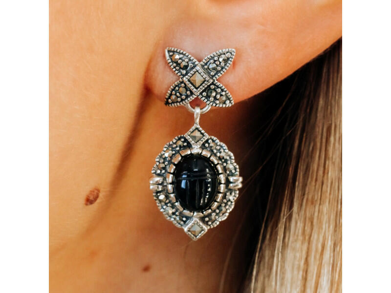 VINTAGE 925 STERLING SILVER ONYX & MARCASITES EARRINGS