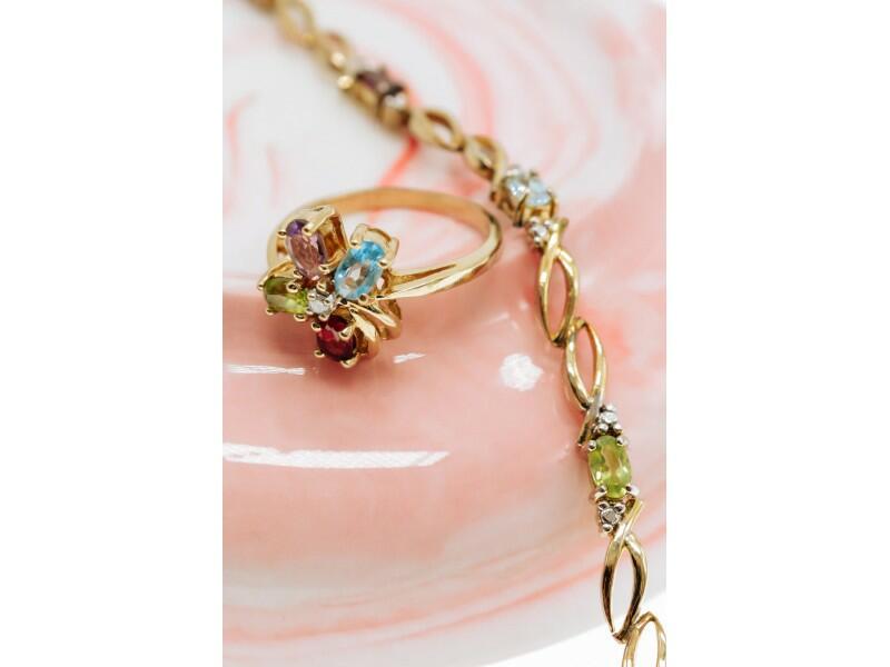 10K YELLOW GOLD AMETHYST, GARNET, TOPAZ, PERIDOT & DIAMOND RING SIZE 6.25