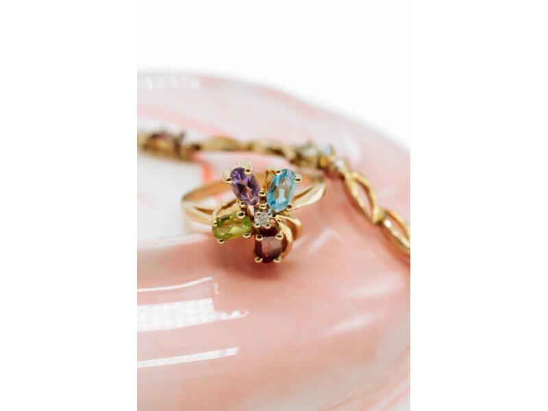 10K YELLOW GOLD AMETHYST, GARNET, TOPAZ, PERIDOT & DIAMOND RING SIZE 6.25
