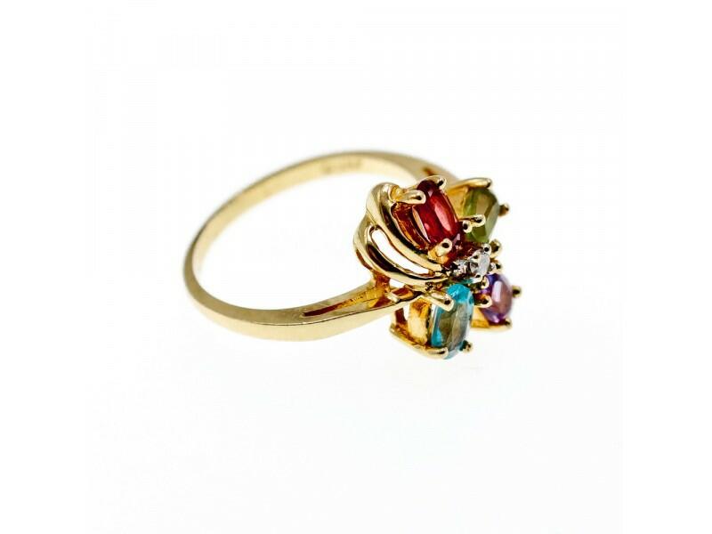 10K YELLOW GOLD AMETHYST, GARNET, TOPAZ, PERIDOT & DIAMOND RING SIZE 6.25