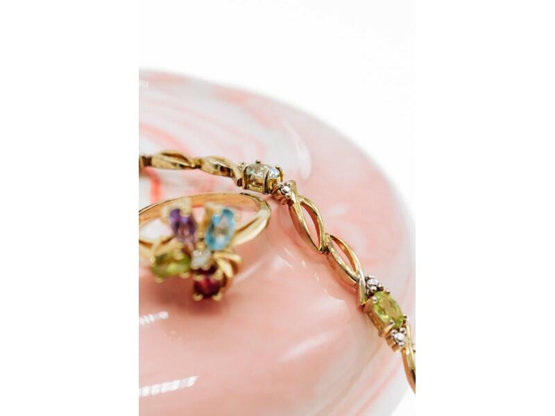 10K YELLOW GOLD AMETHYST, GARNET, TOPAZ, PERIDOT & DIAMOND RING SIZE 6.25