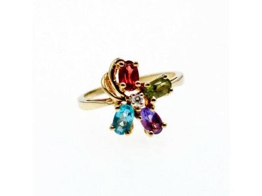 10K YELLOW GOLD AMETHYST, GARNET, TOPAZ, PERIDOT & DIAMOND RING SIZE 6.25