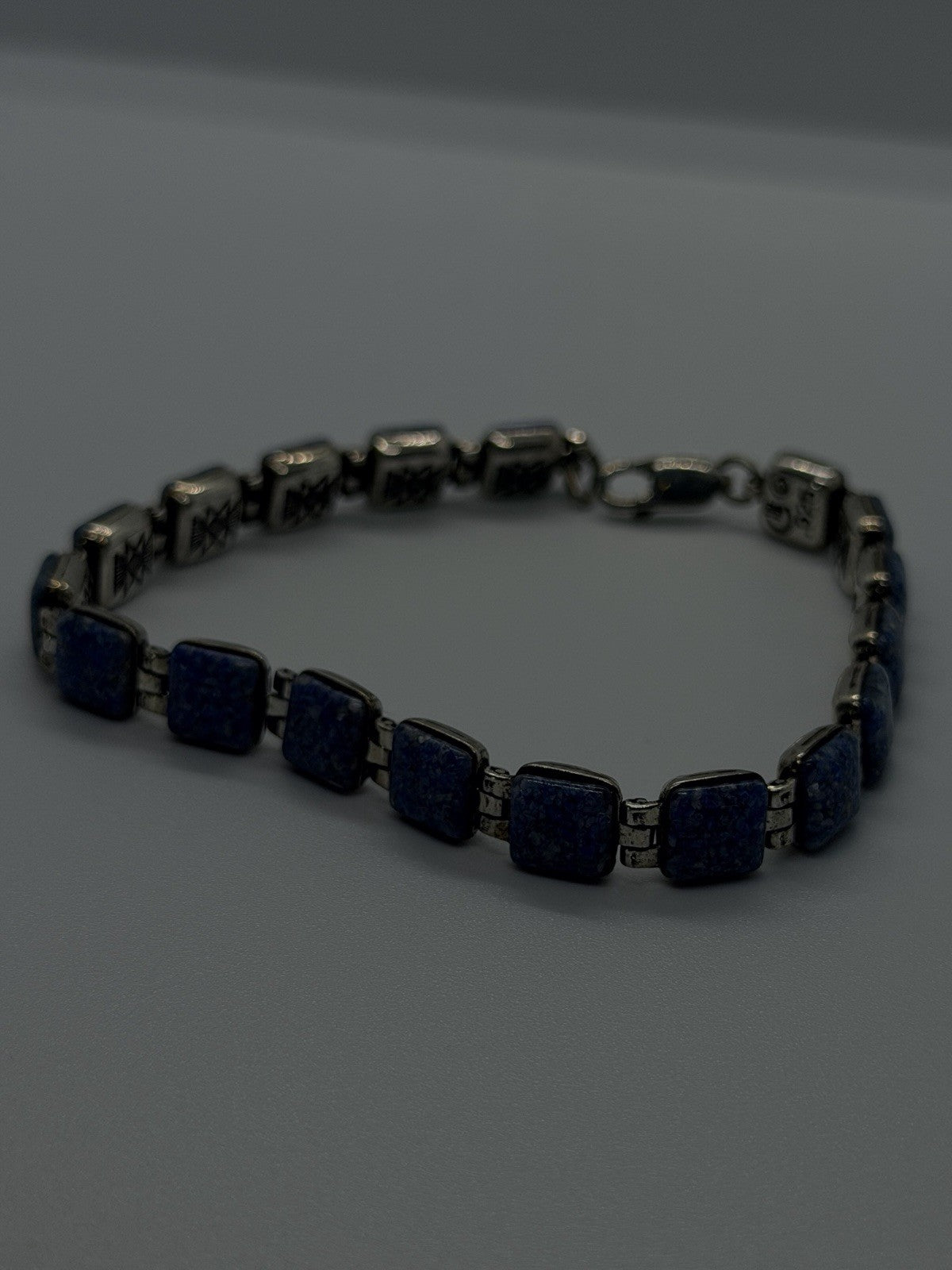 Geometric Southwestern 925 Sterling Silver Lapis Lazuli Square Link Bracelet 7.5