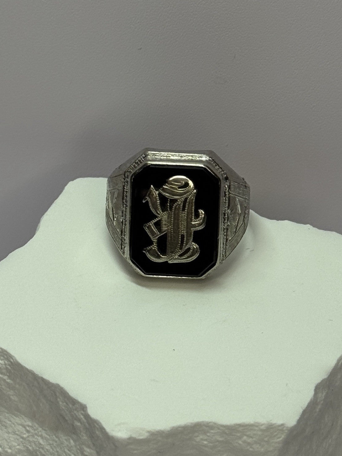 10K WHITE GOLD VINTAGE ART DECO BLACK ONYX RING SIZE 8