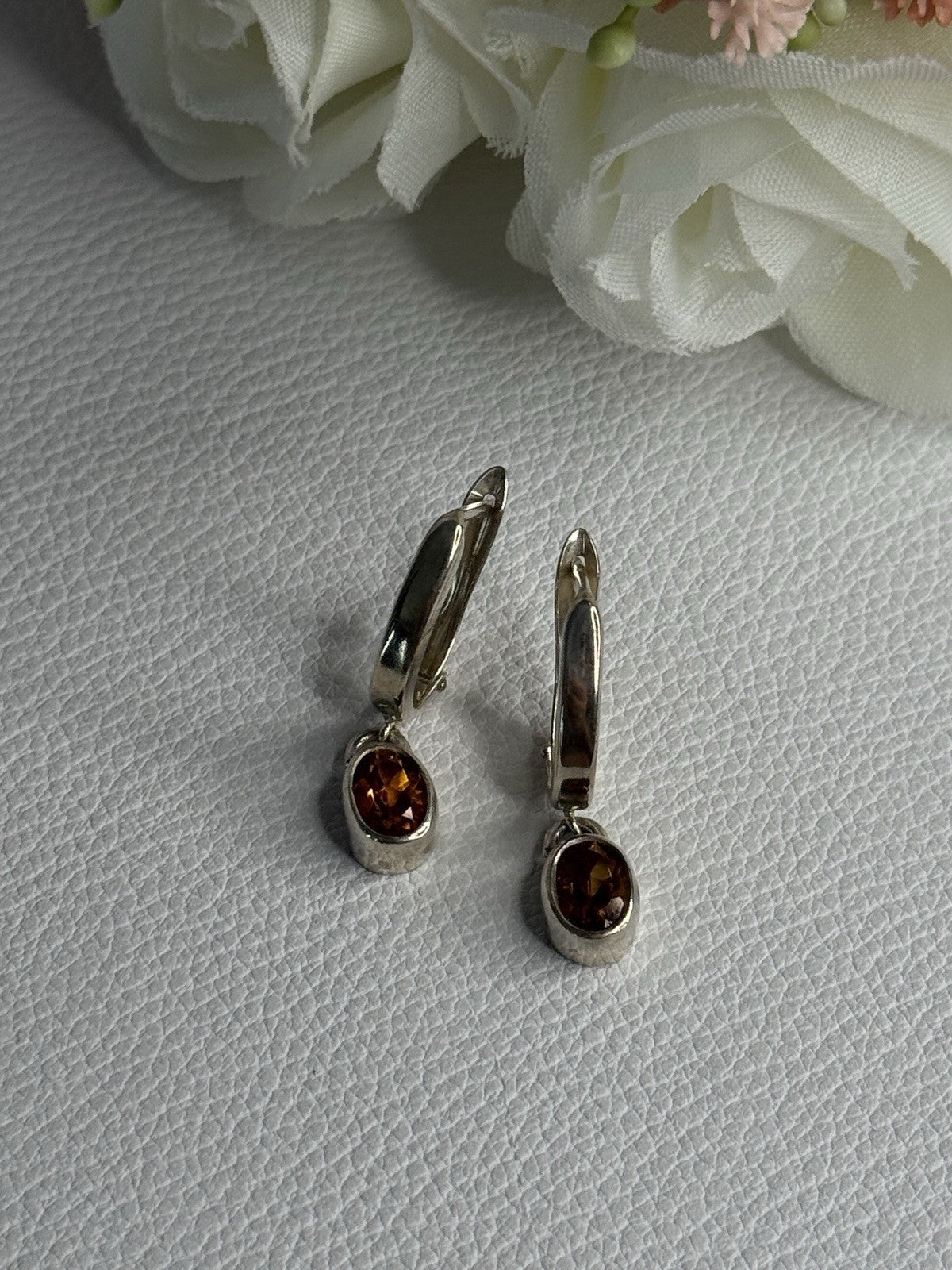 925 Sterling Silver Hessonite Earrings Length 1 Inch