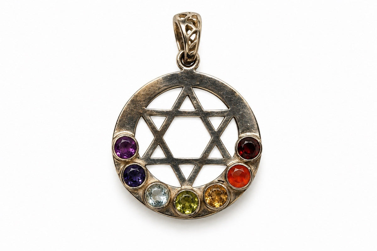 Vintage Sterling Silver Star of David Pendant with Multicolor Gemstones Judaica