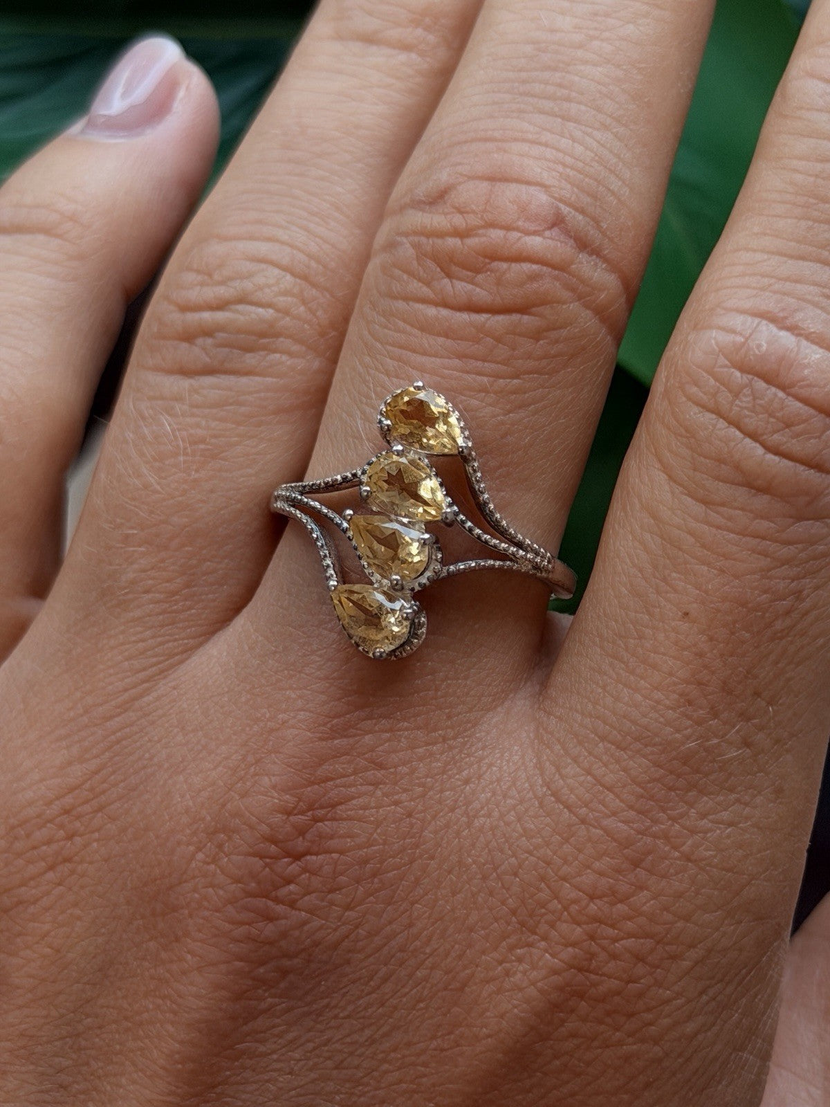 925 Sterling Silver Pear Cut 4 Stones Yellow Citrine Ring Size 10
