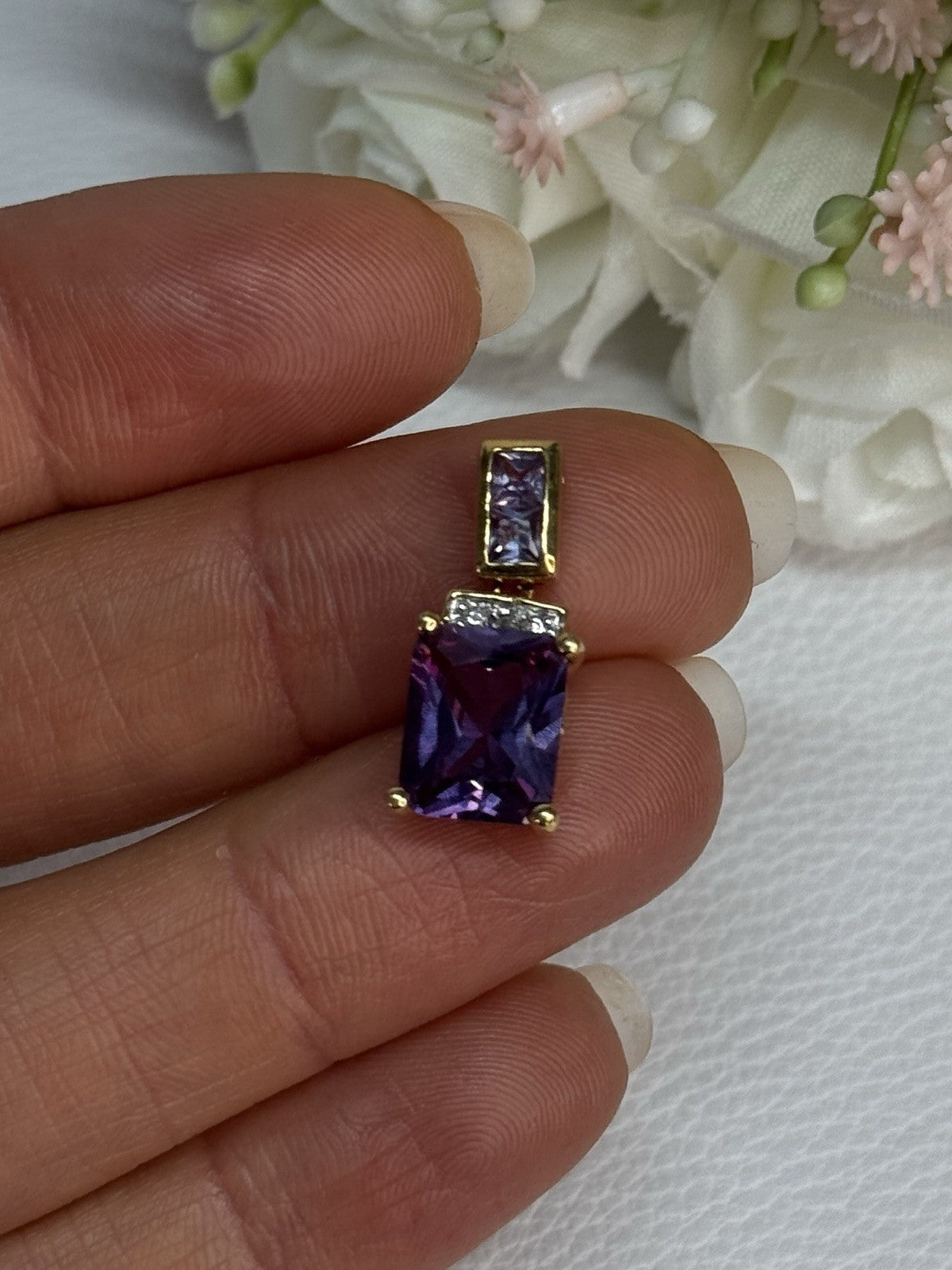 925 Sterling Silver Gold Plated Amethyst Pendant Length 0.80 Inch