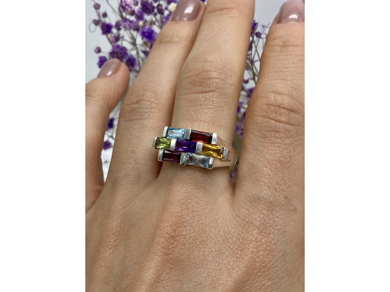 925 Sterling Silver Multi Gemstones Ring Size 11