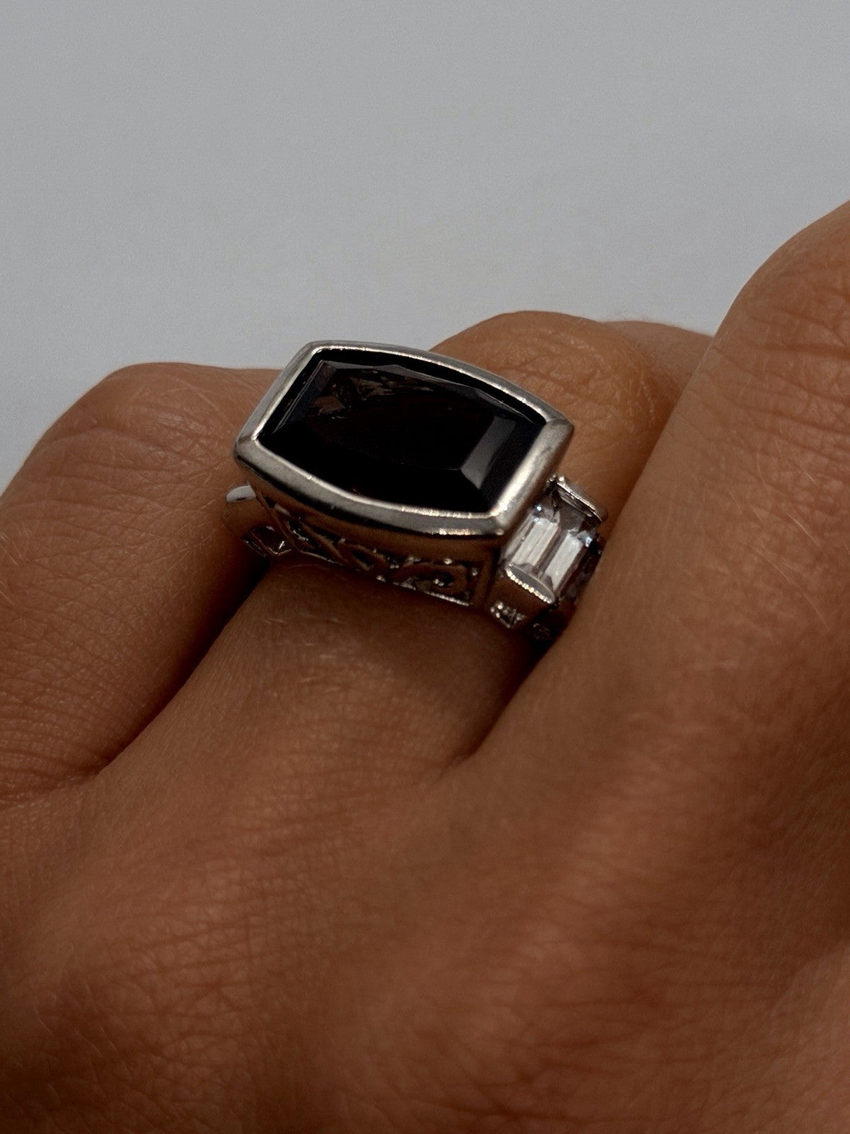 Art Deco 925 Sterling Silver Brown Smoky Quartz & White Topaz Ring Size 7