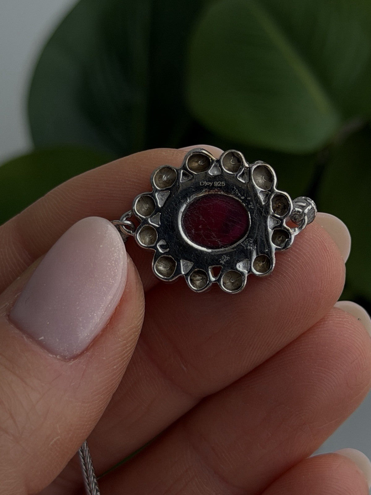 Antique Djoy 925 Sterling Silver Ruby & Beryl Flower Heart Bracelet 7