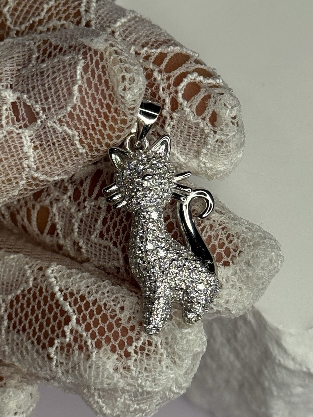 925 Sterling Silver Cat CZ Pendant Length 1.3 Inch
