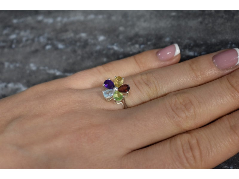 925 Sterling Silver Multi Gemstones "Flower" Ring Size 6.5