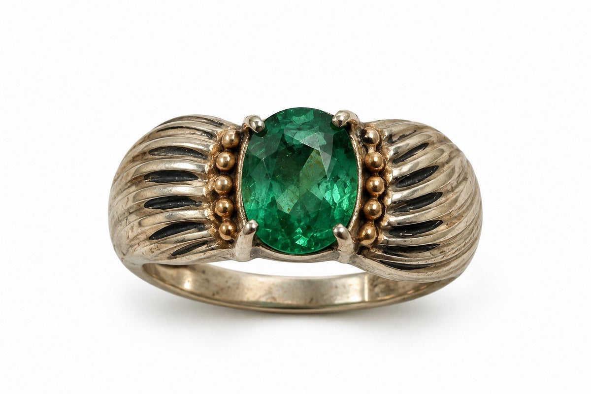 925 Sterling Silver & 14K Yellow Gold Accent Emerald Ring Size 7