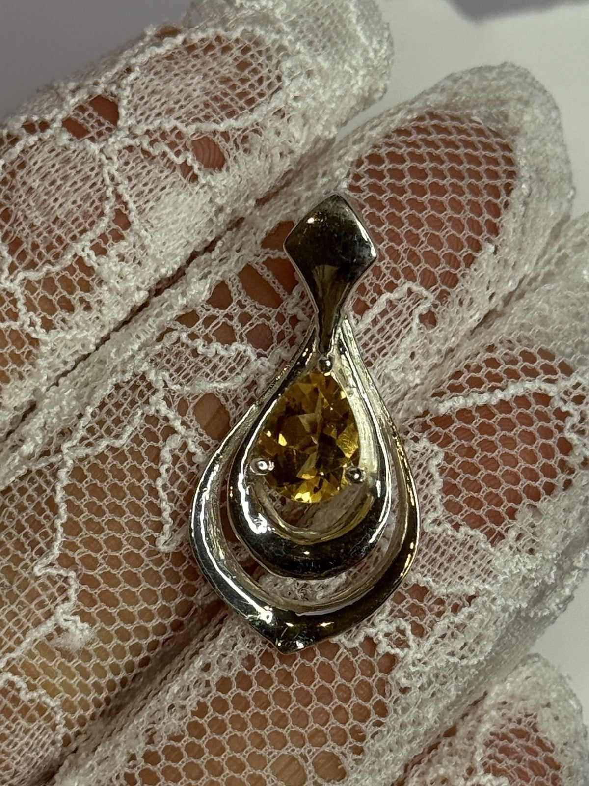 925 Sterling Silver Citrine Pear Pendant Length 1.3 Inch