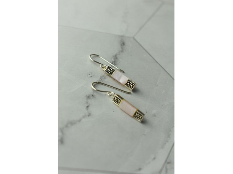 925 Sterling Silver Pink Mother of Pearl & Marcasites Earrings
