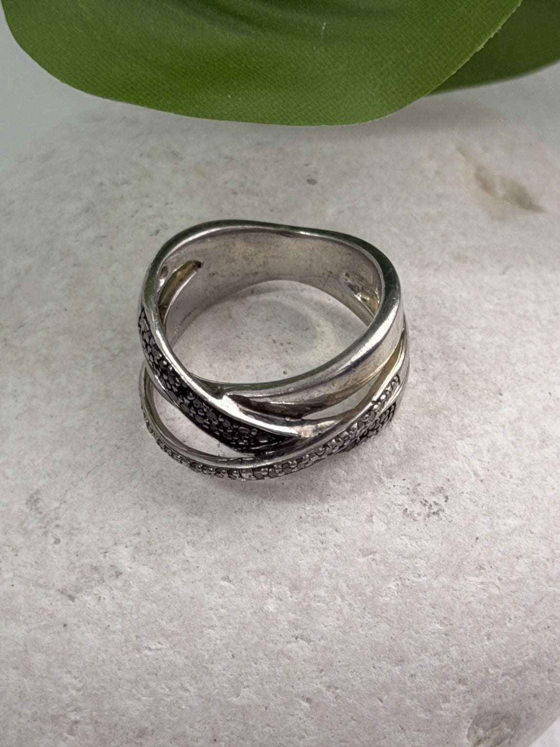 925 Sterling Silver Black & White Spinel Ring Size 6