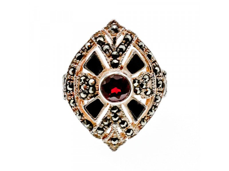 925 Sterling Silver Spessartine, Black Nephrite & Marcasites Ring Size 6.5