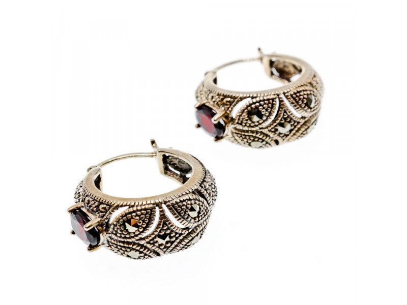 Vintage 925 Sterling Silver Almandine & Marcasites Earrings