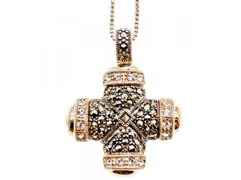 925 Sterling Silver CZ & Marcasites Chain With Cross