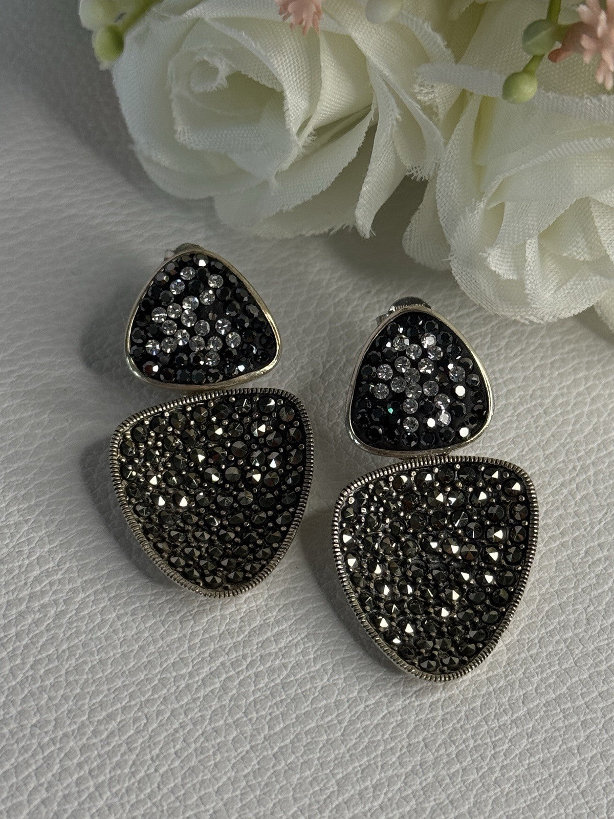 Aesthetic 925 Sterling Silver Marcasite & CZ Earrings Length 1.45 Inch
