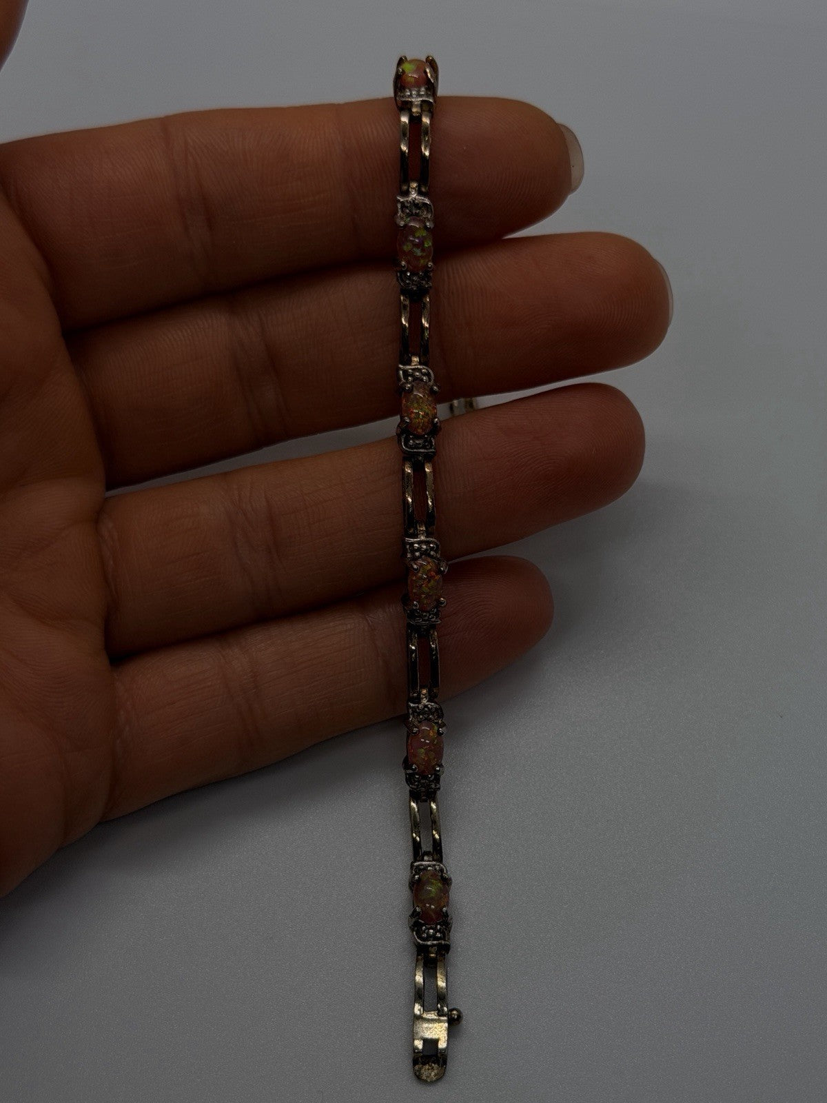 925 Sterling Silver Fire Opal & White Topaz Tennis Bracelet Size 7.5