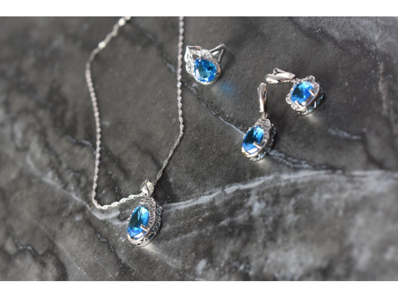 925 Sterling Silver Blue CZ ( Imitation Topaz ) SET