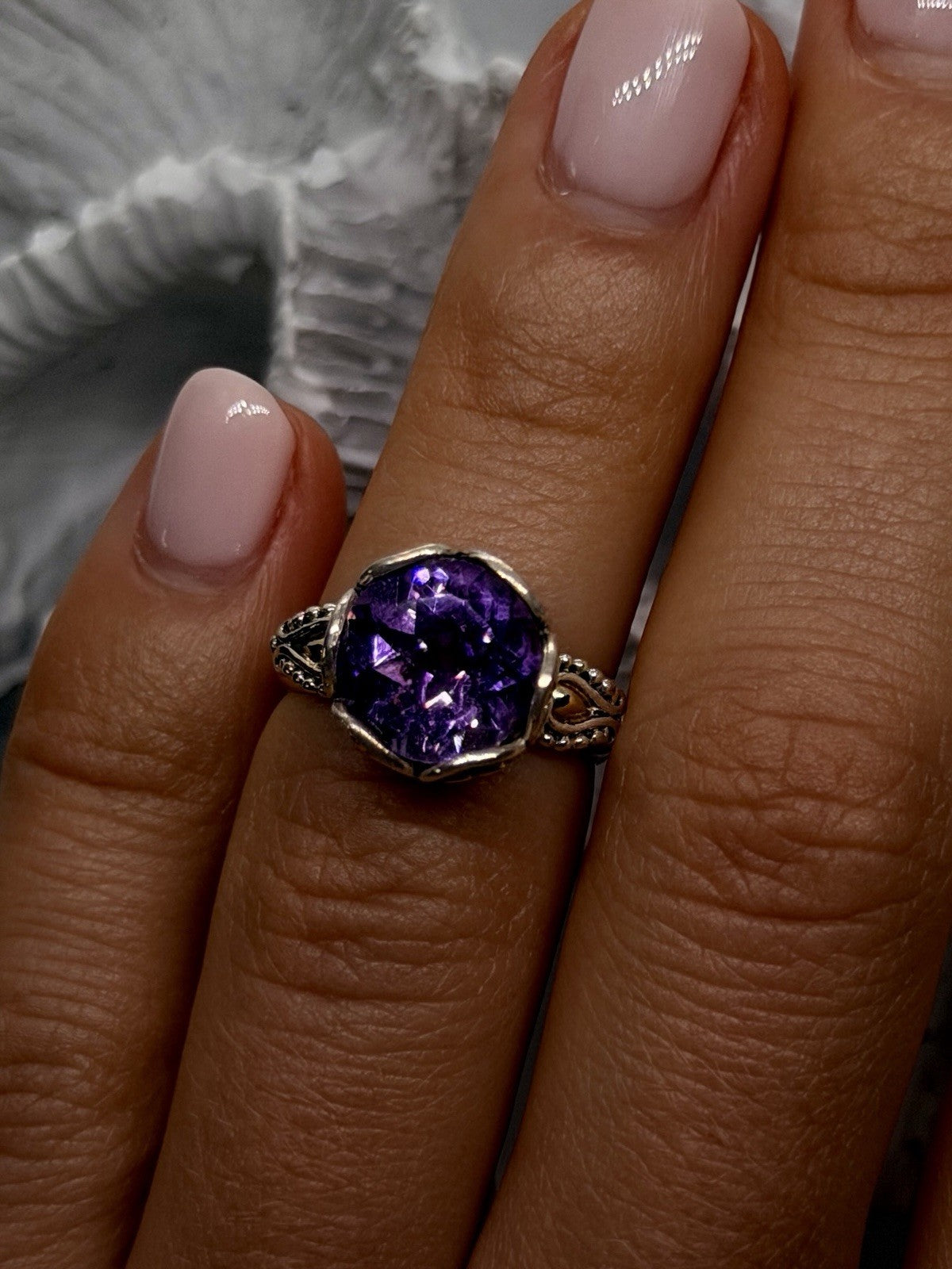 925 Sterling Silver & 18K Yellow Gold Part Amethyst Ring Size 5