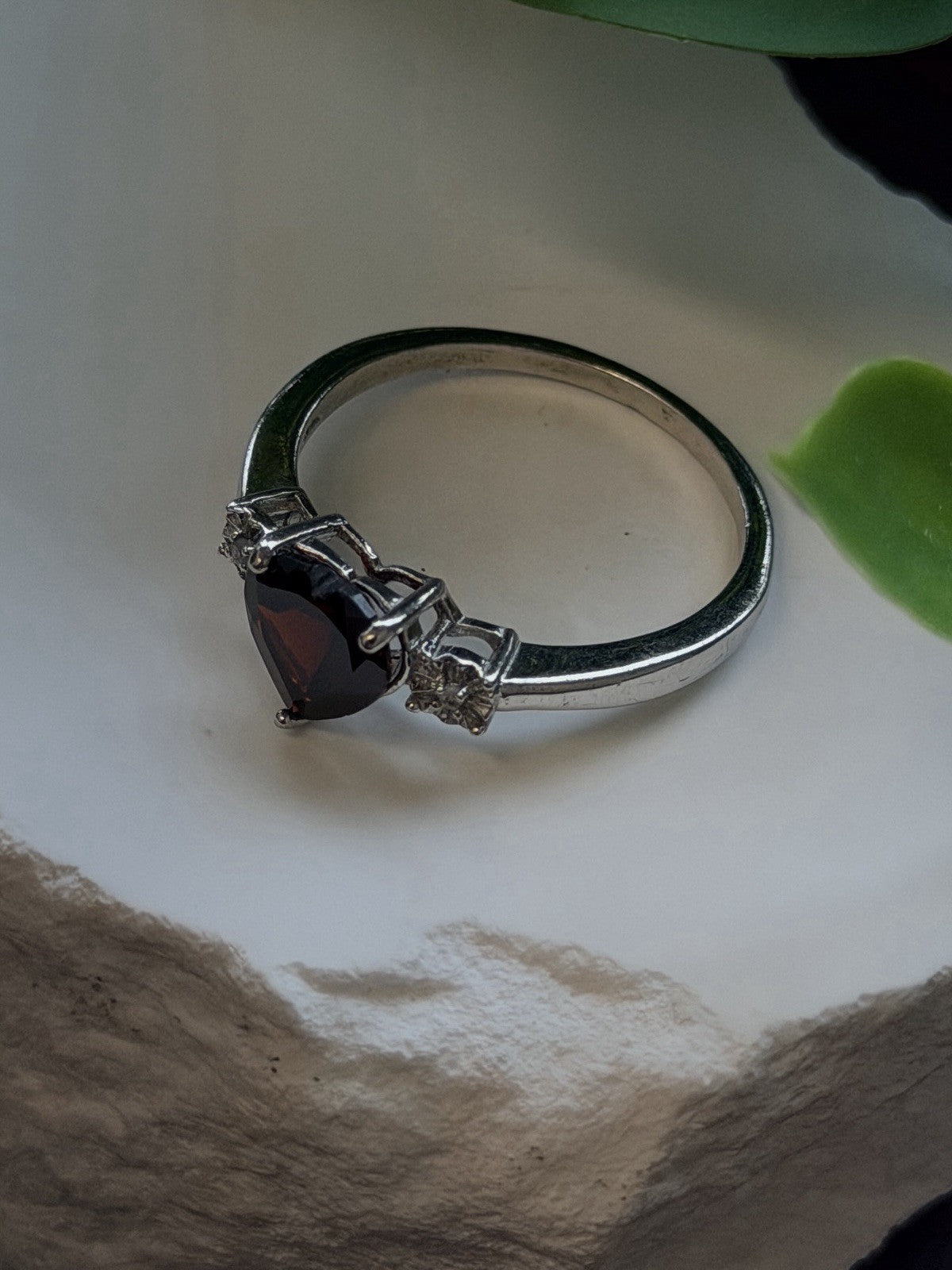 925 Sterling Silver Heart Cut Garnet with White Beryl Stones Ring Size 10