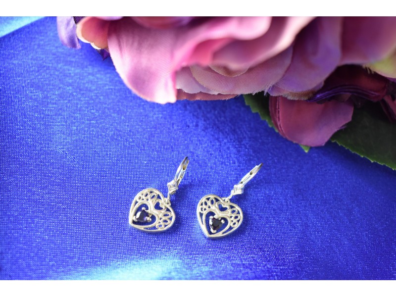 925 Sterling Silver Sapphire "Hearts" Earrings