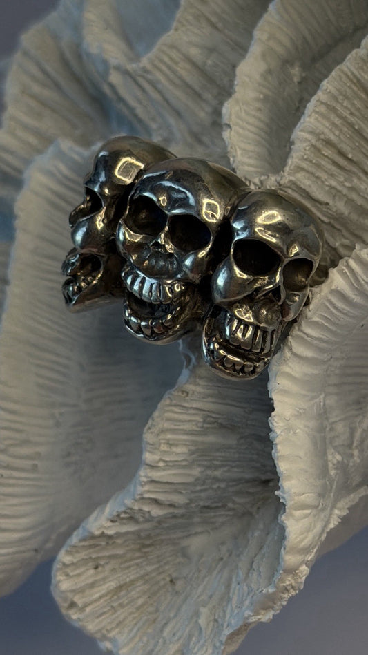 Triple Skull Gothic Biker Punk Rock 925 Sterling Silver Ring Size 9.5