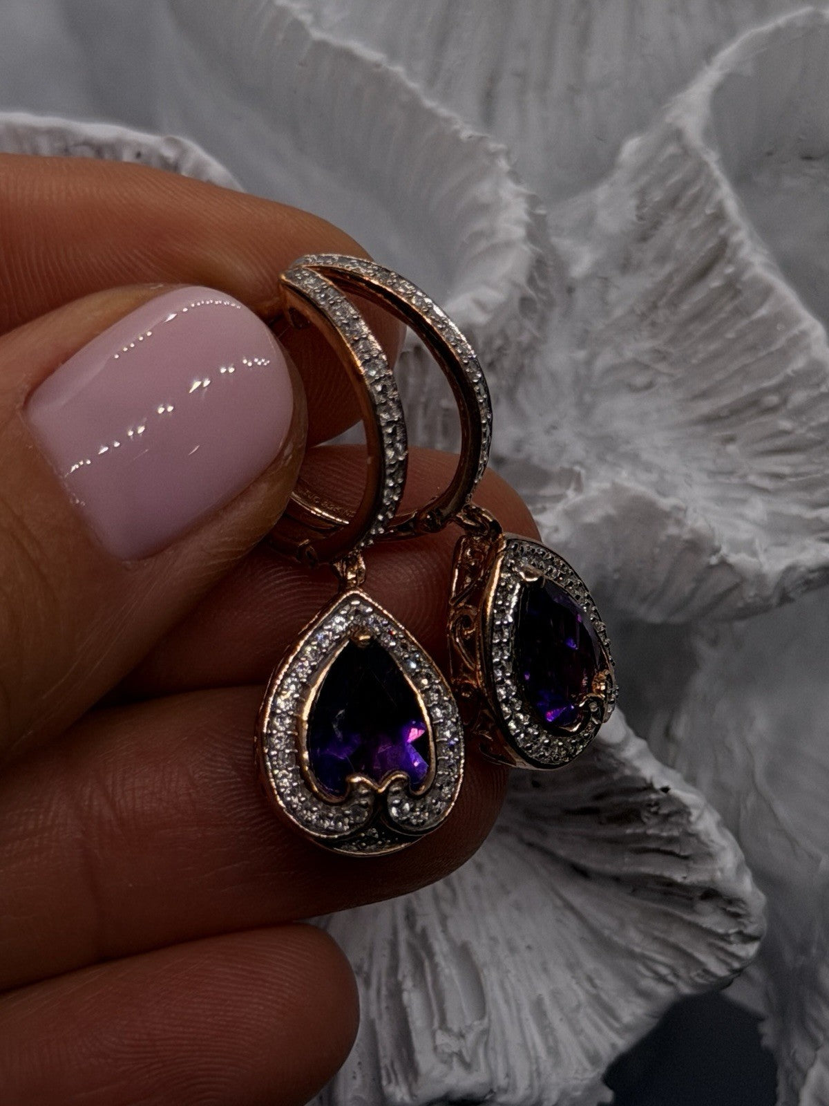 Rose Gold Plated Elegant 925 Sterling Silver Purple Amethyst & Beryl Earrings
