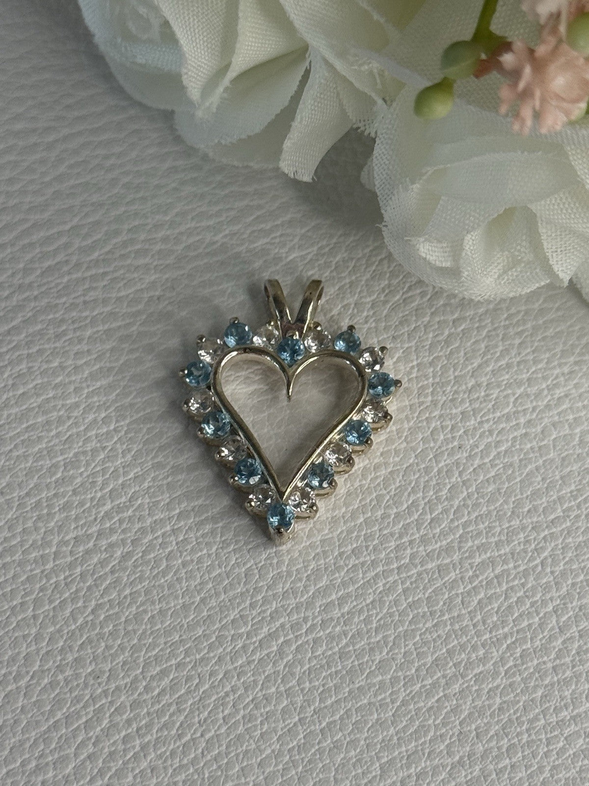 925 Sterling Silver Blue & White Topaz Heart Pendant Length 1 Inch