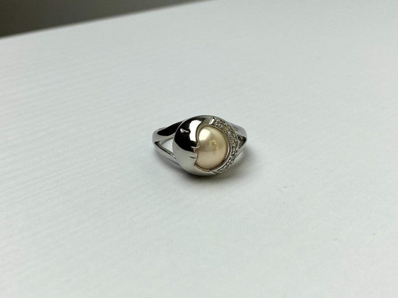 Ring With Pearl and CZ "Moon" Size 7.5